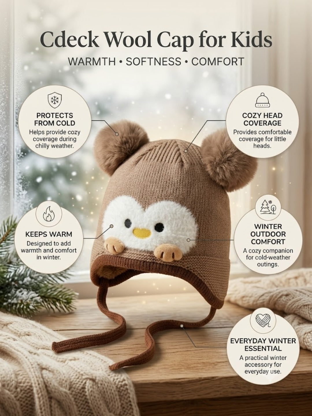 Cdeck Kids Woolen Winter Cap for Boys & Girls | Warm & Comfortable Winter Wear | 2–4 Years |Brown
