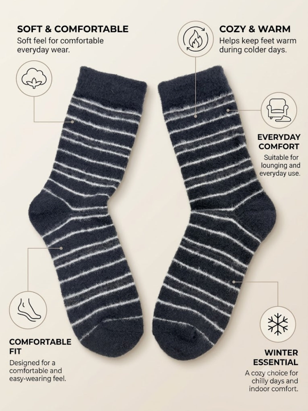 Cdeck Men’s Hair Wool Winter Socks | Single Pair | Soft, Warm & Comfortable | Black & Grey Striped