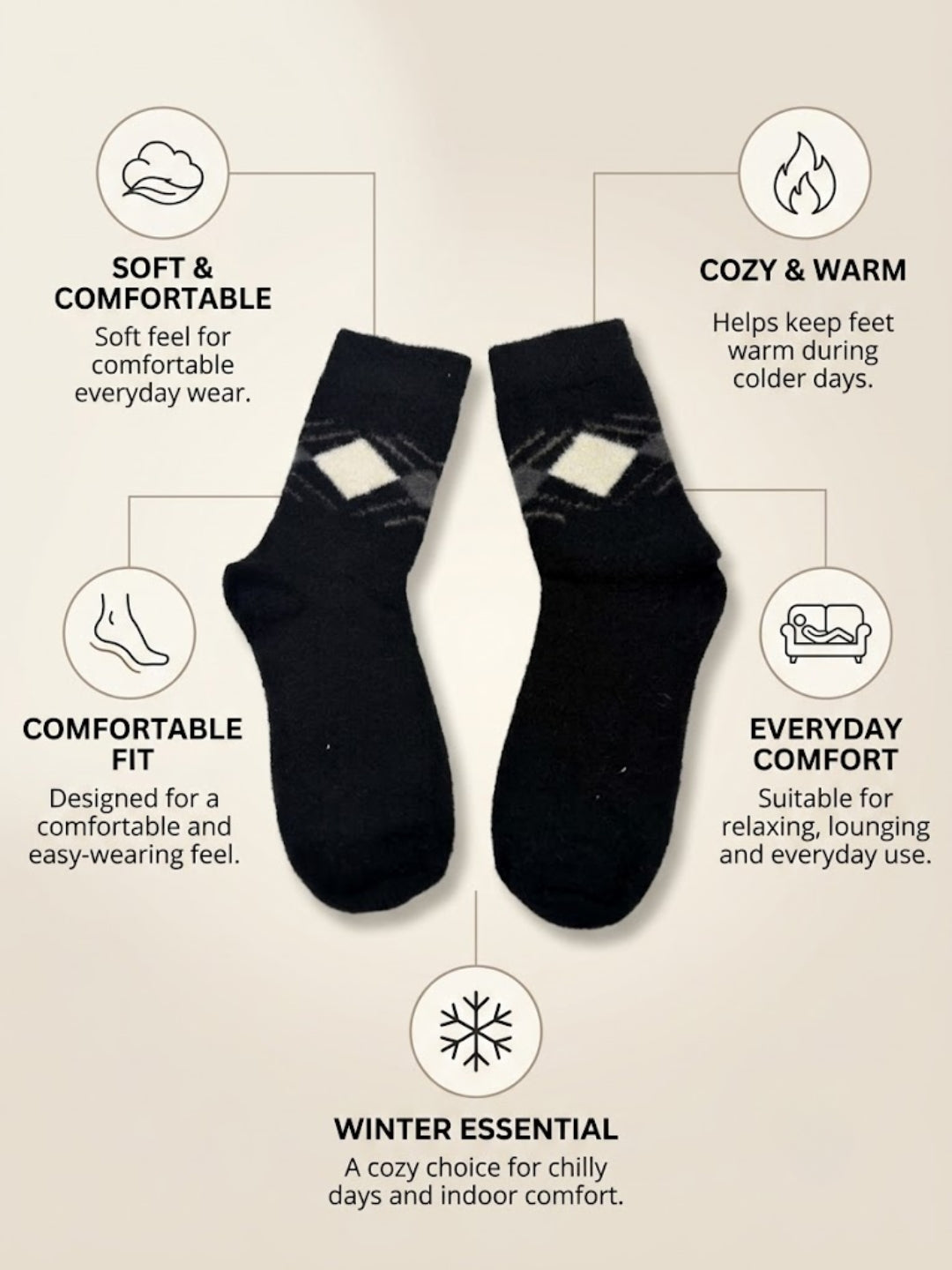 Cdeck Men’s Premium Hair Wool Winter Socks  | Soft, Fuzzy, Warm & Comfortable | Black | Free Size