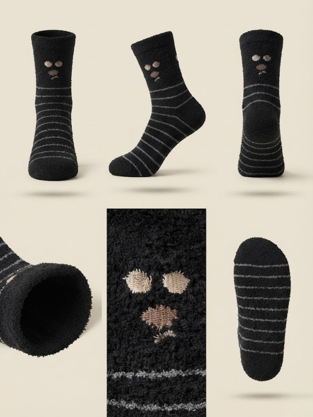 Cdeck Women’s Black Fuzzy Socks with Cat Face – Soft Plush Striped Cozy Winter Socks