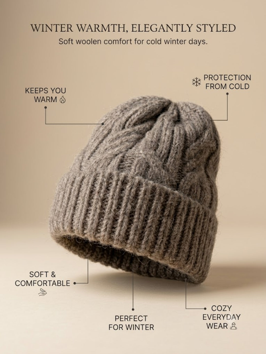 Cdeck Women Woolen Cap | Soft Knitted Winter Beanie for Women | Warm & Stylish Winter Wear | Free Size| Brown
