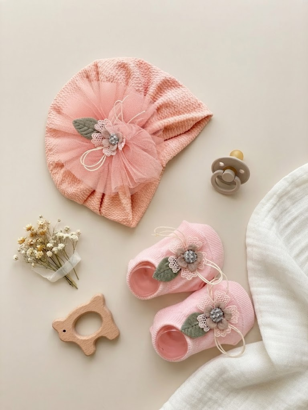 Cdeck Pure Cotton Baby Socks and Cap Set | Soft Pink Floral Design | Comfortable Newborn Accessories