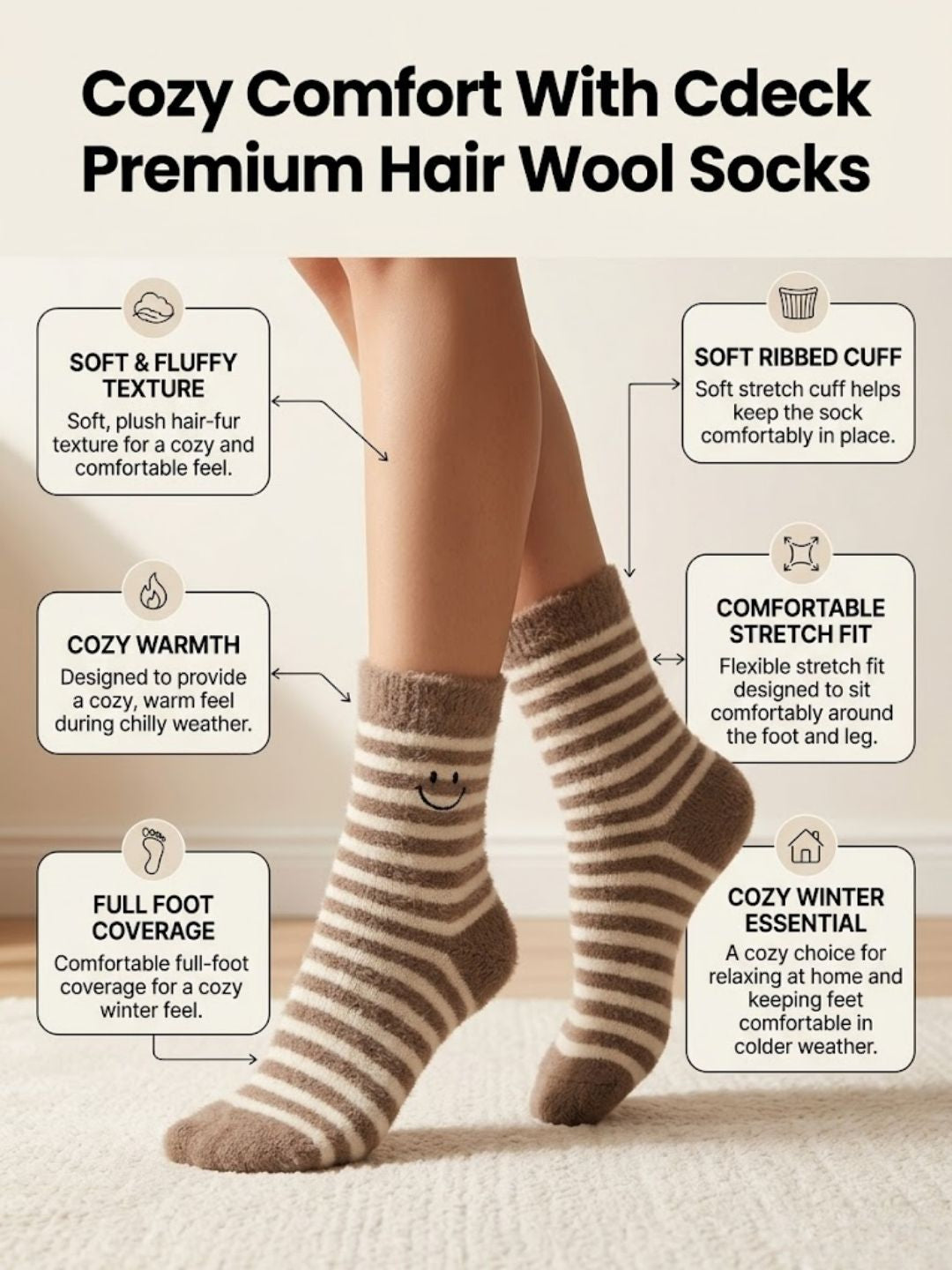 Cdeck Women’s Premium Hair Wool Fuzzy Socks | Soft & Warm Thick Winter Socks | Brown & Cream