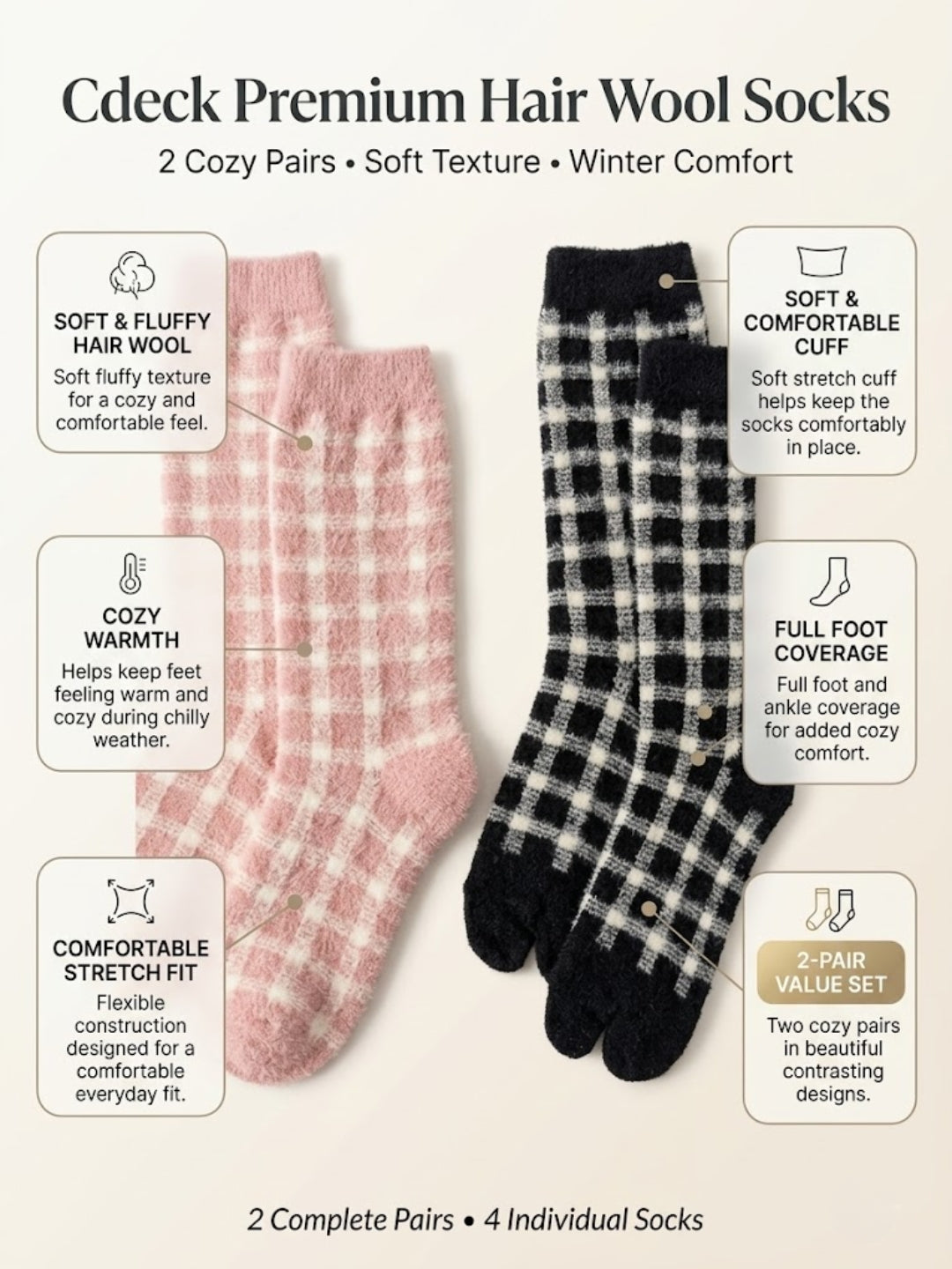 Cdeck Women’s Premium Soft Fuzzy Checkered Warm Winter Socks Combo for Women | Free Size | Pink & Black