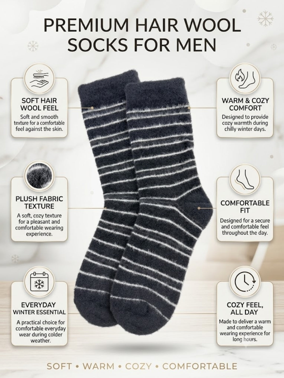 Cdeck Men’s Hair Wool Winter Socks | Single Pair | Soft, Warm & Comfortable | Black & Grey Striped