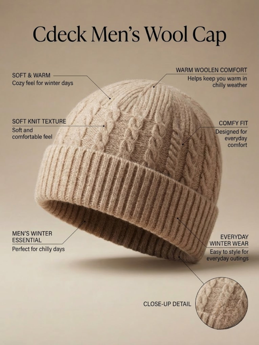 Cdeck Men’s Winter Woolen Cap | Ribbed Knit Beanie | Free Size | Soft & Warm | Brown