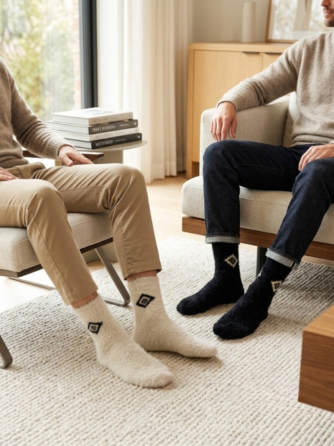 Cdeck Men’s Hair Wool Winter Socks | 2 Pair Set | Soft, Warm & Stretchable | Universal Fit for Adults | Black & Cream