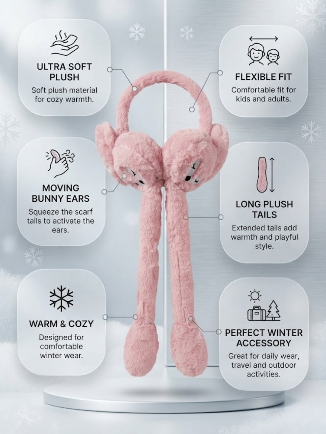 Cdeck Velvet Pink Bear Earmuffs for Girls & Women, Soft Warm Winter Earmuffs with Long Hanging Ear Covers, Free Size