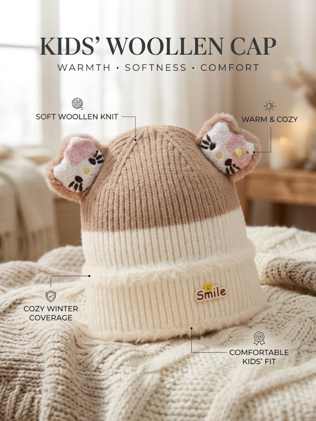Cdeck Kids Woolen Winter Cap for Boys & Girls | Warm & Comfortable Winter Wear | 2–4 Years |Beige