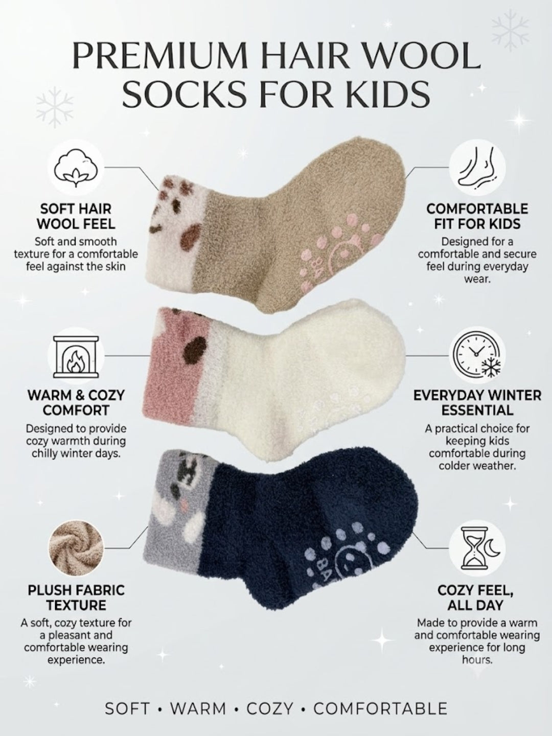 Cdeck Kids Winter Woolen Socks for Baby Boys & Girls | Soft Fuzzy Warm Socks with Anti-Skid Sole  | 0–4 Years | Pack of 3