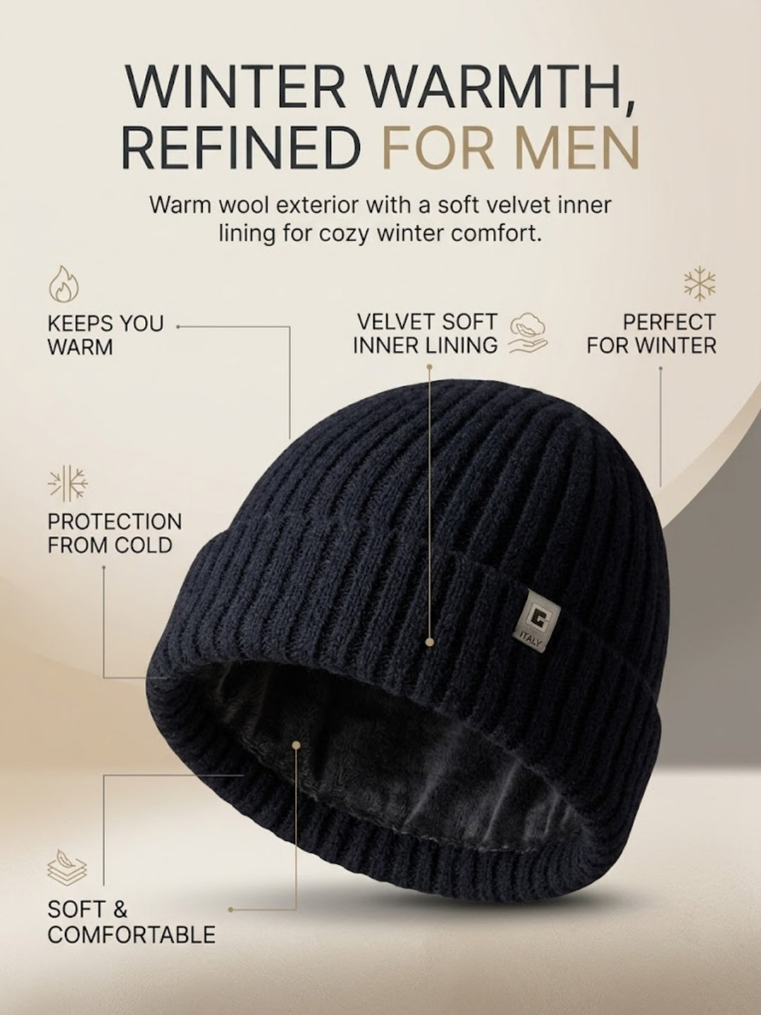 Cdeck Men’s Woolen Winter Cap | Ribbed Knitted Beanie | Free Size | Warm & Comfortable