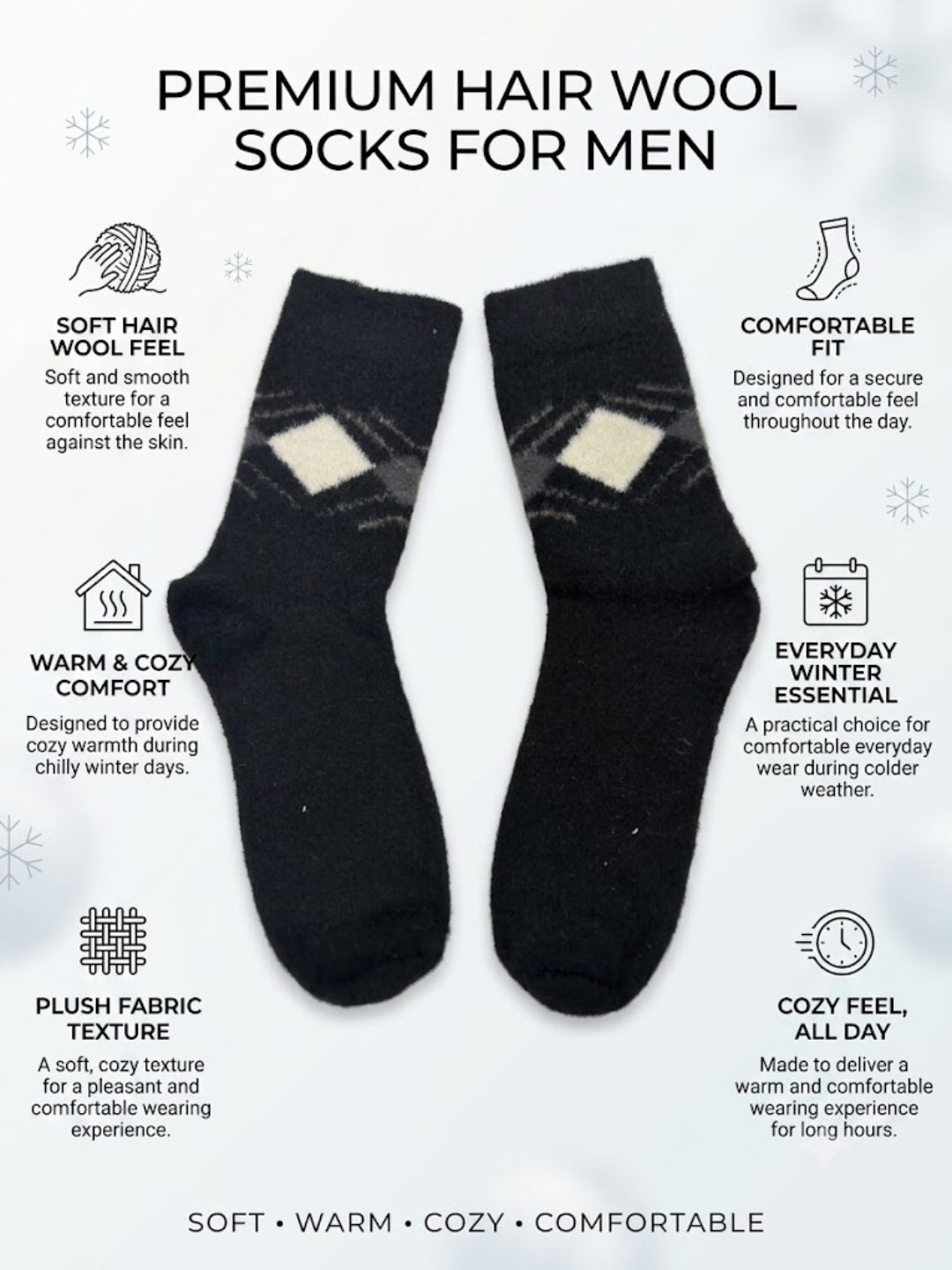 Cdeck Men’s Premium Hair Wool Winter Socks  | Soft, Fuzzy, Warm & Comfortable | Black | Free Size