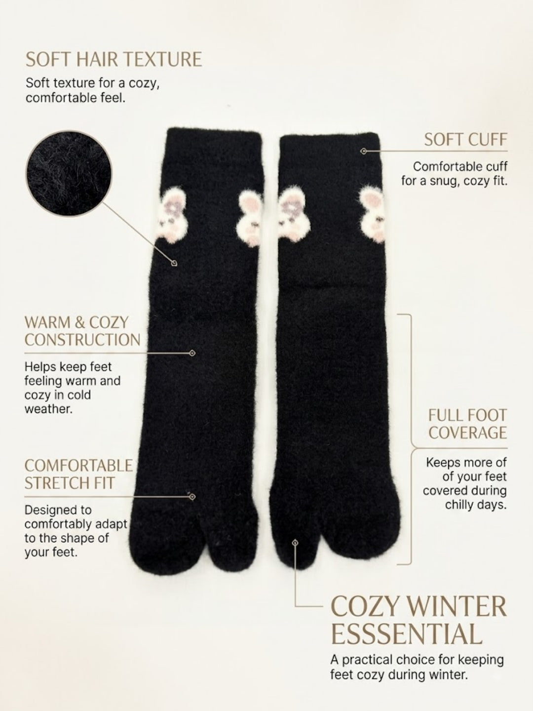 Cdeck Women’s Premium Fuzzy Split-Toe Socks – Cute Bunny Design, Warm Winter Socks, Free Size, Black