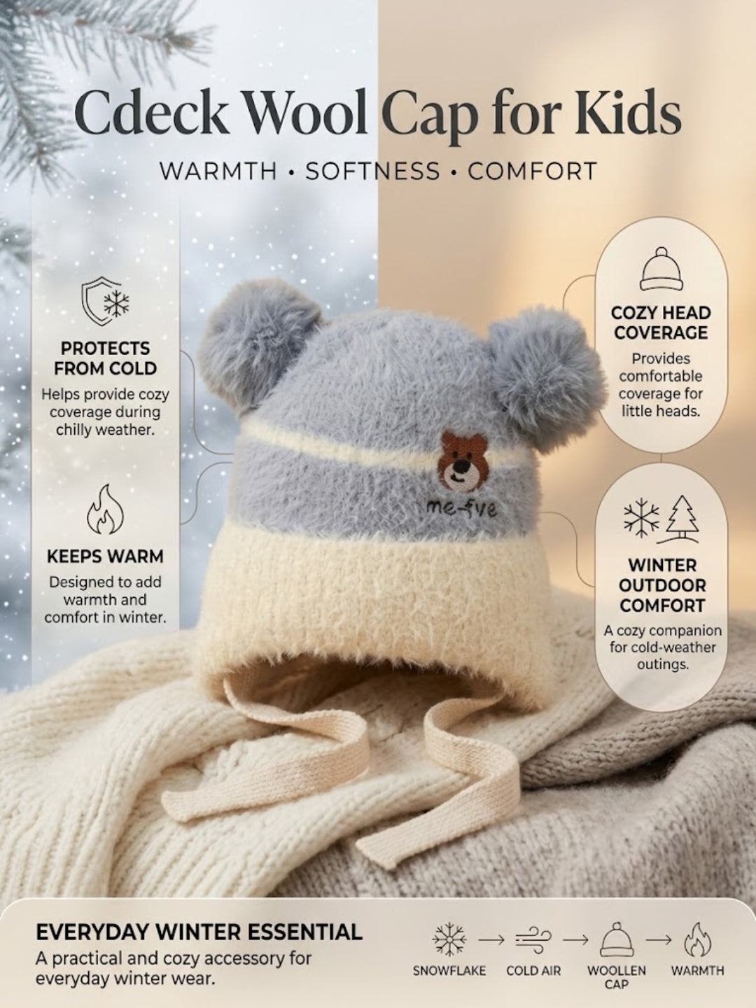 Cdeck Kids Woolen Winter Cap for Boys & Girls | Warm & Comfortable Winter Wear | 2–4 Years | Blue