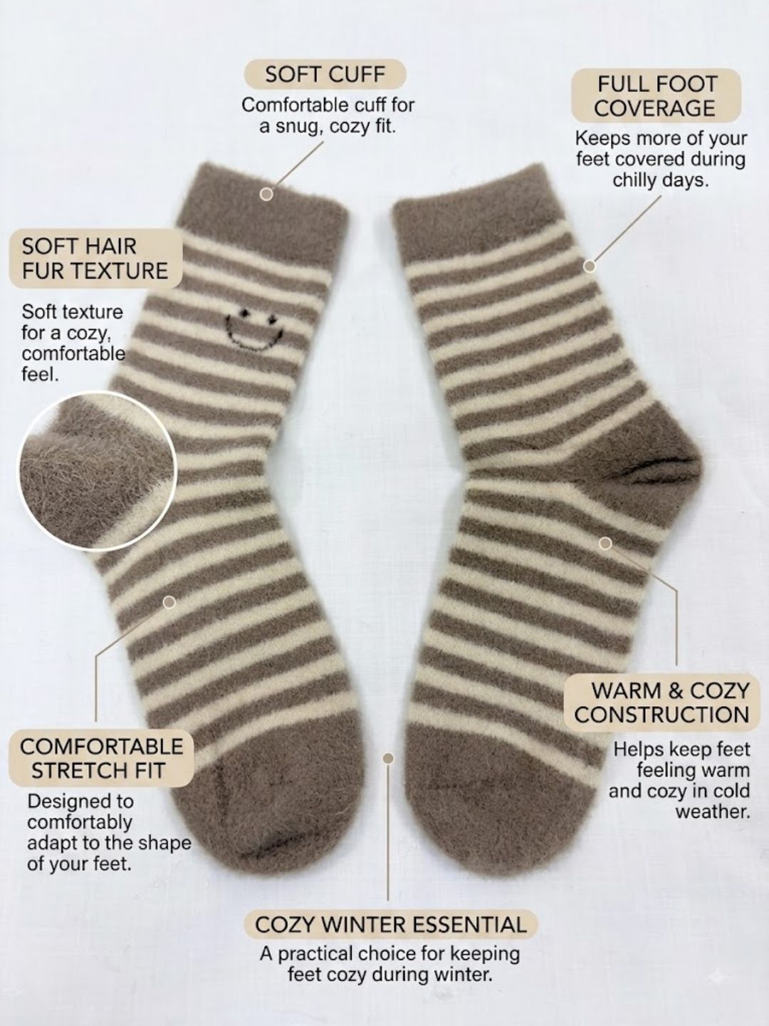 Cdeck Women’s Premium Hair Wool Fuzzy Socks | Soft & Warm Thick Winter Socks | Brown & Cream