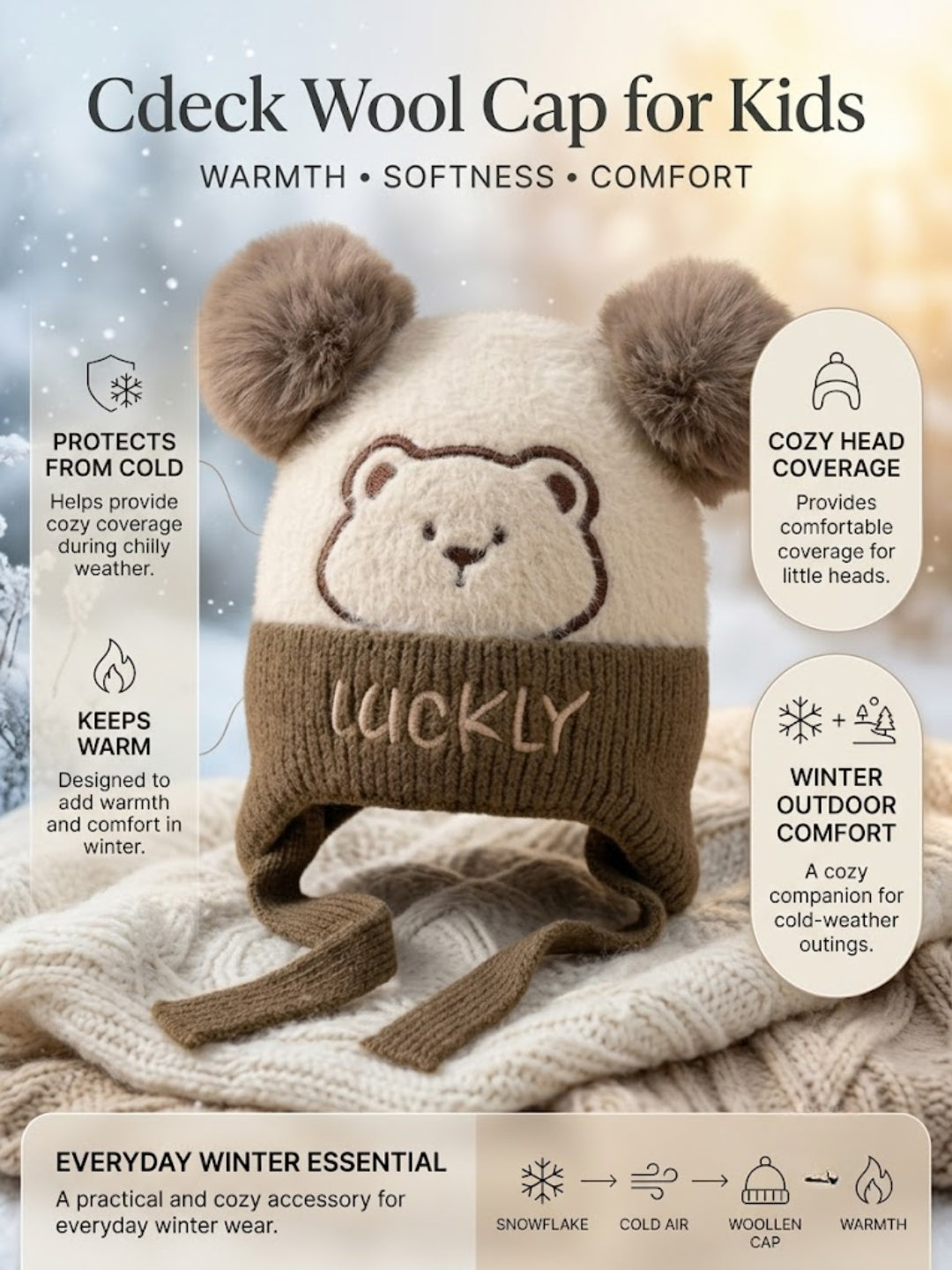 Cdeck Kids Woolen Winter Cap for Boys & Girls | Warm & Comfortable Winter Wear | 2–4 Years | Beige