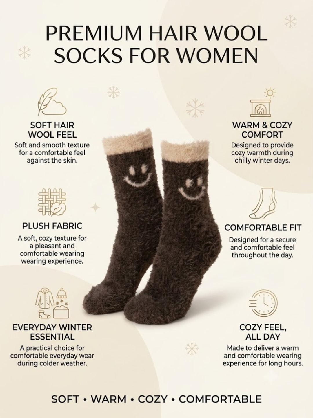 Cdeck Women’s Fuzzy Wool Socks Combo | Soft & Warm Winter Socks | Cute Smiley Face Design | Beige & Brown | Free Size |