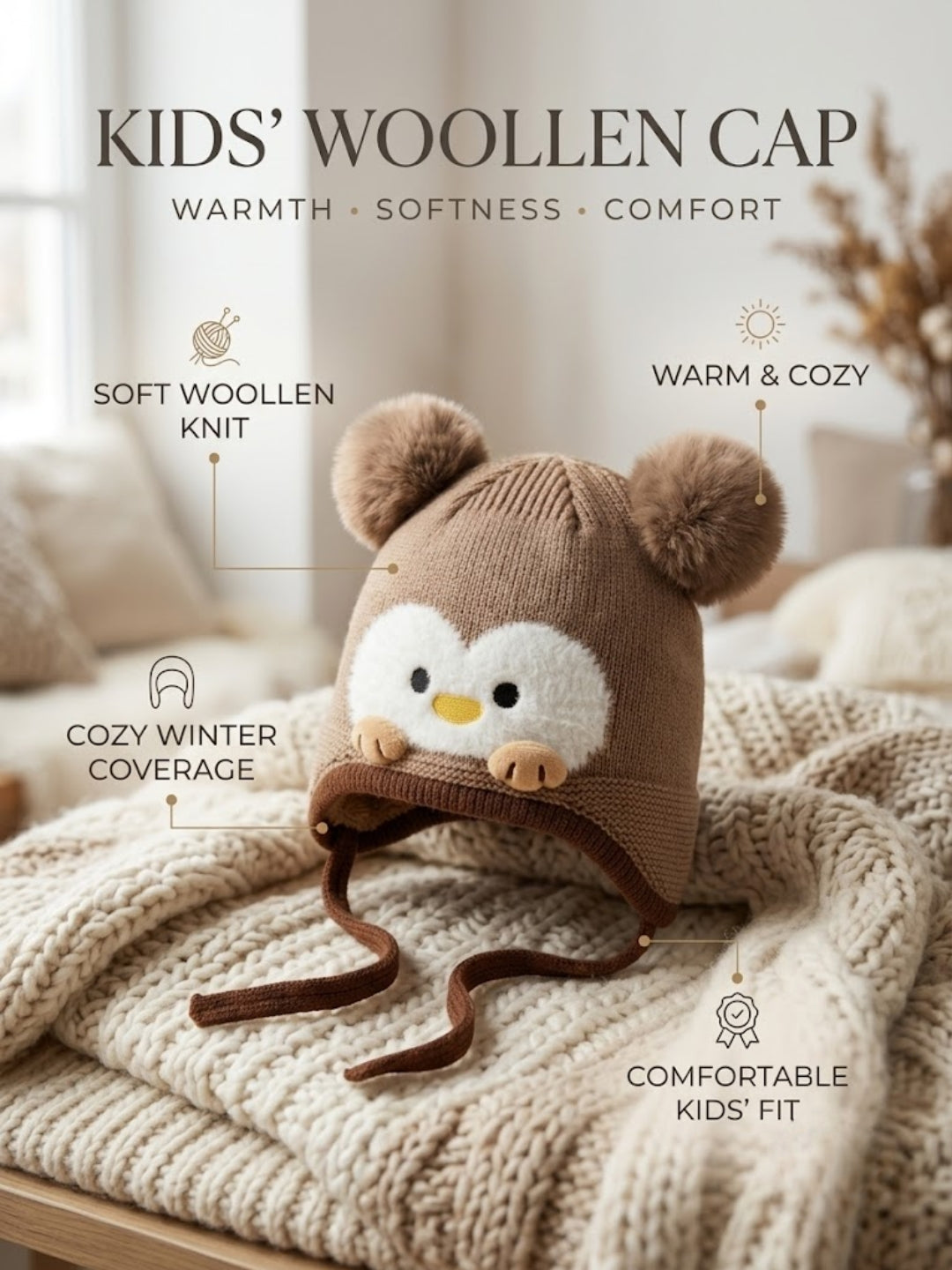 Cdeck Kids Woolen Winter Cap for Boys & Girls | Warm & Comfortable Winter Wear | 2–4 Years |Brown