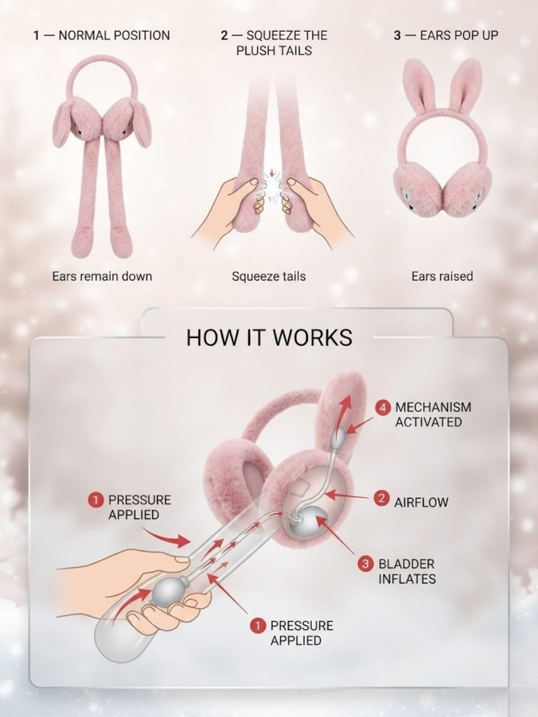 Cdeck Velvet Pink Bear Earmuffs for Girls & Women, Soft Warm Winter Earmuffs with Long Hanging Ear Covers, Free Size
