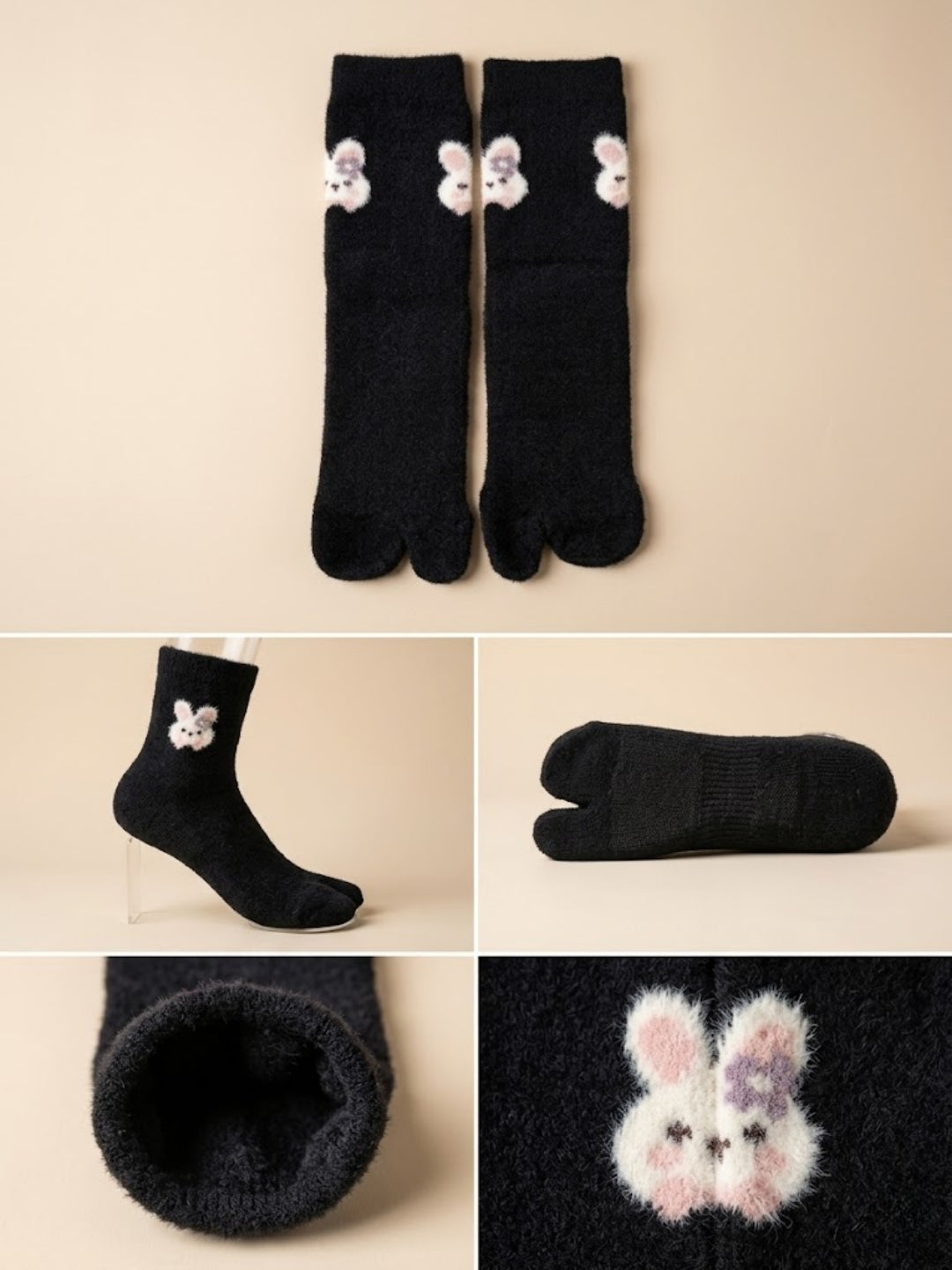 Cdeck Women’s Premium Fuzzy Split-Toe Socks – Cute Bunny Design, Warm Winter Socks, Free Size, Black