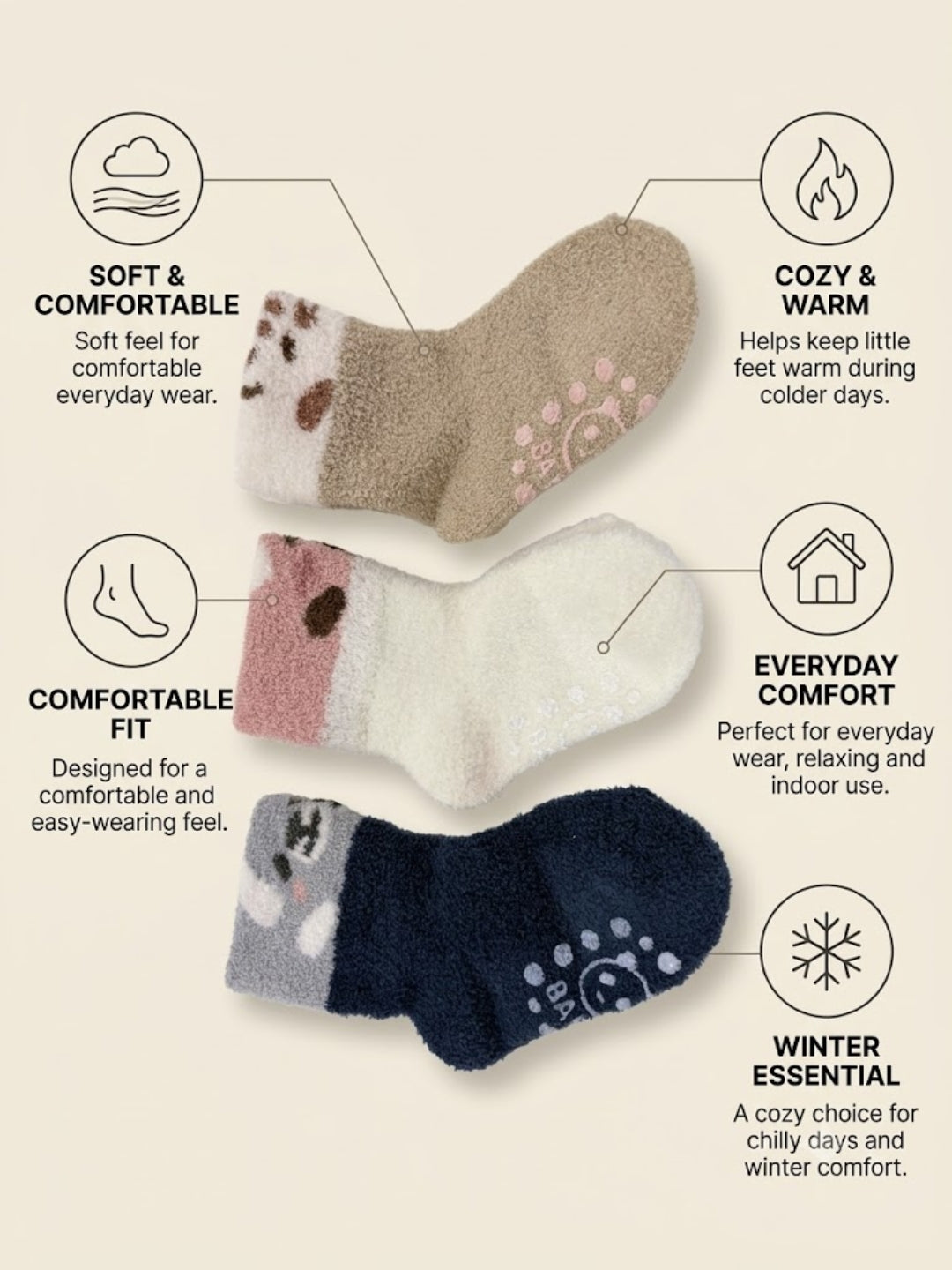 Cdeck Kids Winter Woolen Socks for Baby Boys & Girls | Soft Fuzzy Warm Socks with Anti-Skid Sole  | 0–4 Years | Pack of 3