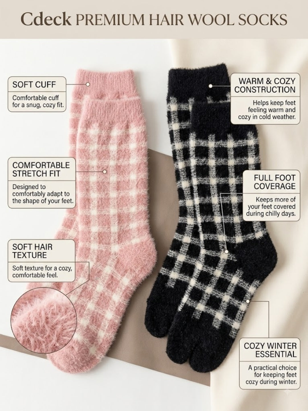 Cdeck Women’s Premium Soft Fuzzy Checkered Warm Winter Socks Combo for Women | Free Size | Pink & Black