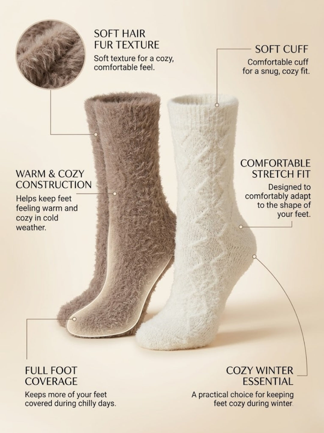 Cdeck Women’s Soft & Warm Woolen Fuzzy Socks | Cozy Thick Winter Socks for Women | Brown & White Combo