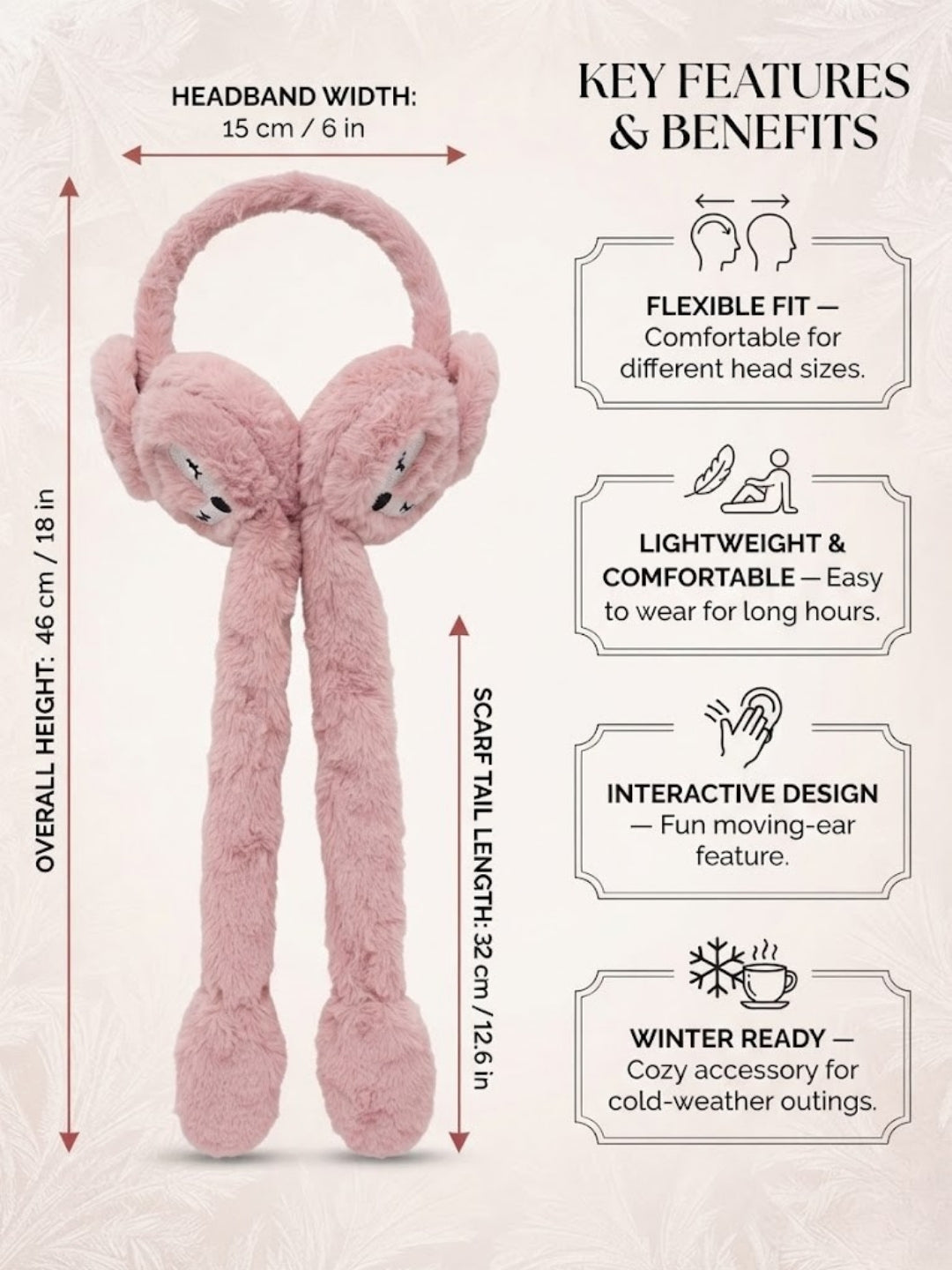 Cdeck Velvet Pink Bear Earmuffs for Girls & Women, Soft Warm Winter Earmuffs with Long Hanging Ear Covers, Free Size