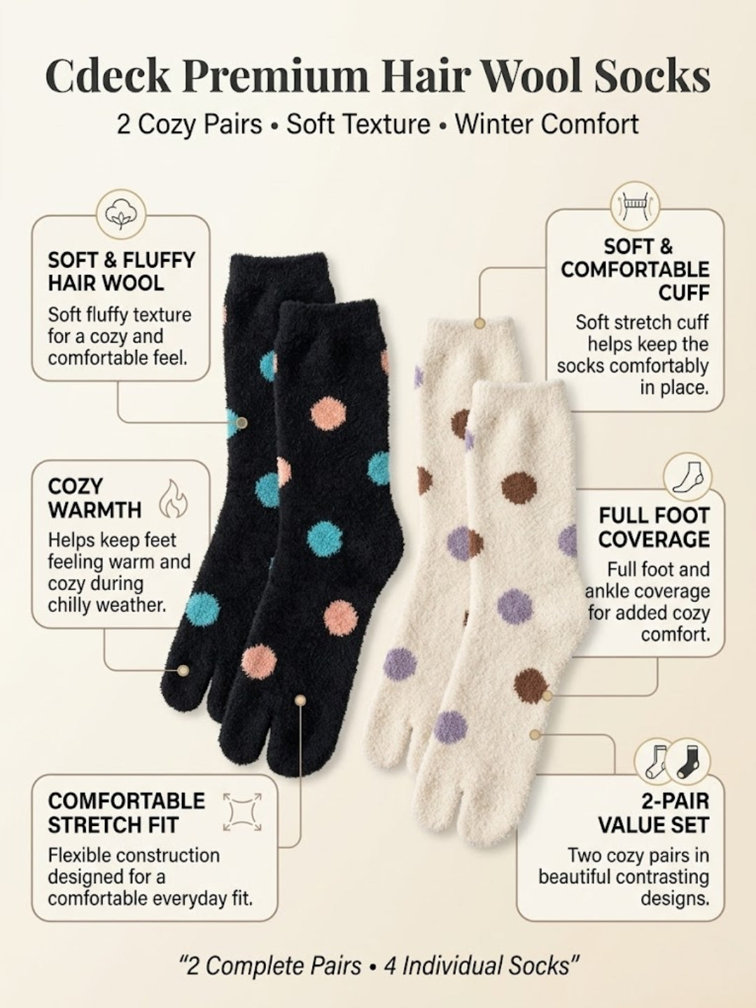 Cdeck Premium Warm Socks for Women | Soft Cozy Rabbit Hair Wool | Stylish Polka Dot Design | Black & Cream