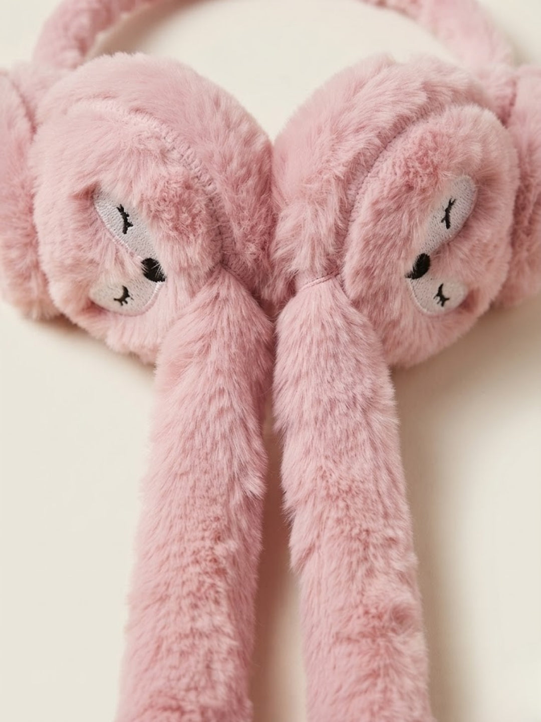 Cdeck Velvet Pink Bear Earmuffs for Girls & Women, Soft Warm Winter Earmuffs with Long Hanging Ear Covers, Free Size