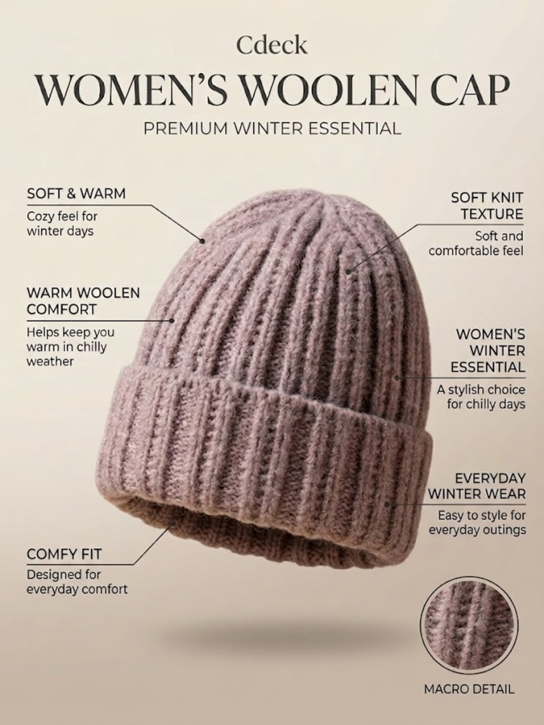 Cdeck Women Woolen Cap | Soft Knitted Winter Beanie for Women | Warm & Stylish Winter Wear | Free Size| Purple