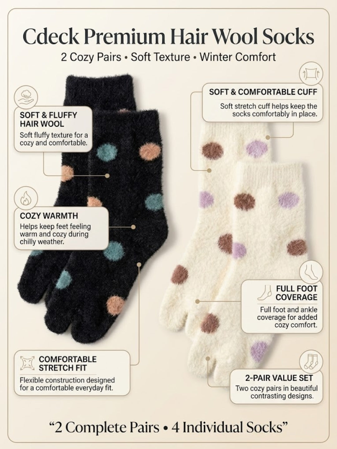 Cdeck Premium Warm Socks for Women | Soft Cozy Rabbit Hair Wool | Stylish Polka Dot Design | Black & Cream