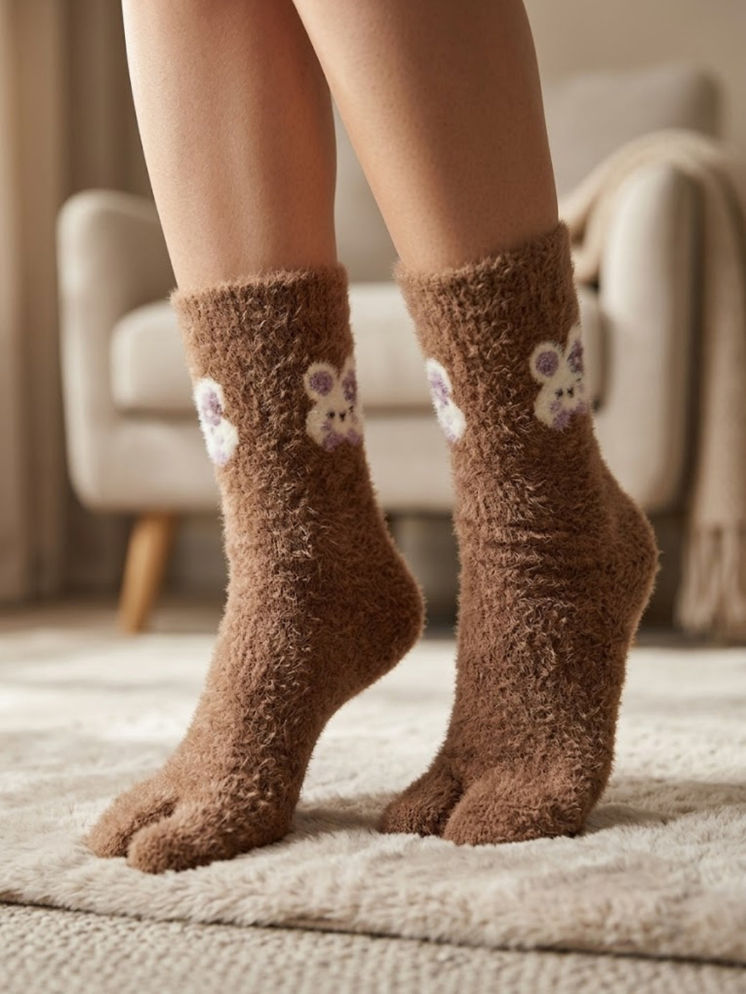 Cdeck Women’s Premium Fuzzy Split-Toe Socks – Cute Bunny Design, Warm Winter Socks | Free Size | Brown