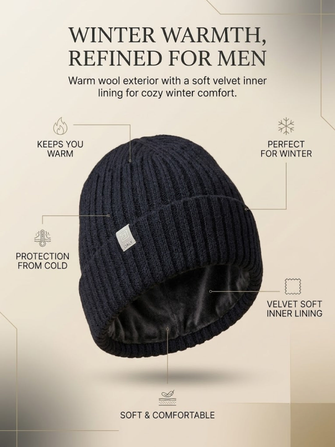 Cdeck Men’s Woolen Winter Cap | Ribbed Knitted Beanie | Free Size | Warm & Comfortable | Black