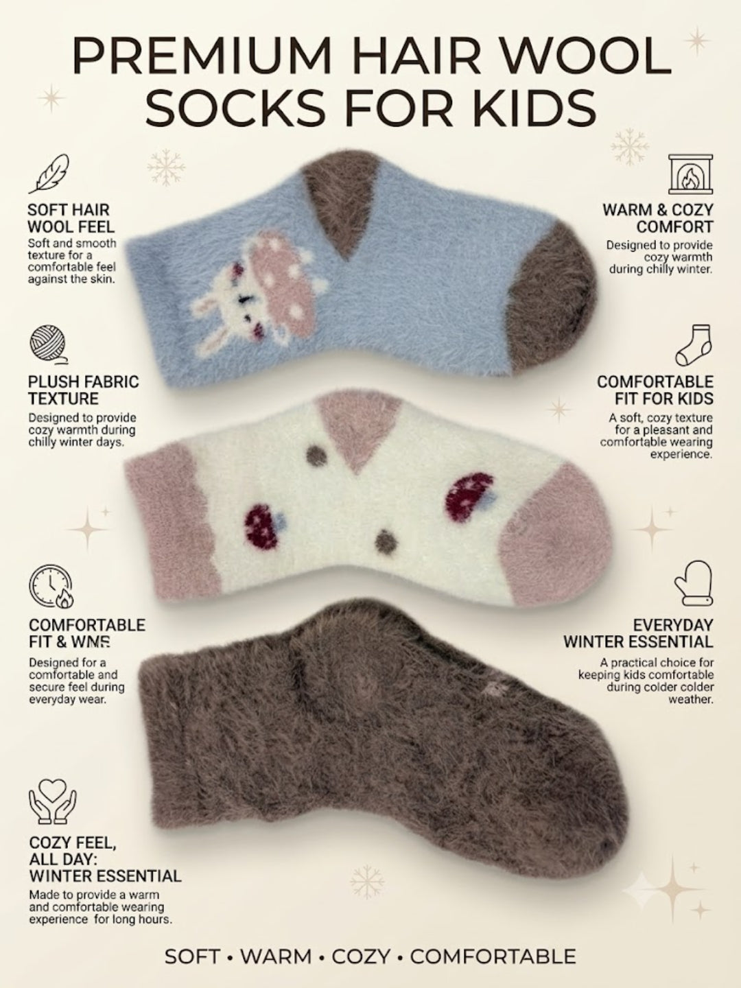 Cdeck Kids Premium Hair Wool Winter Socks | Soft, Warm & Cozy  | Age 2–12 Years | Multicolor Pack