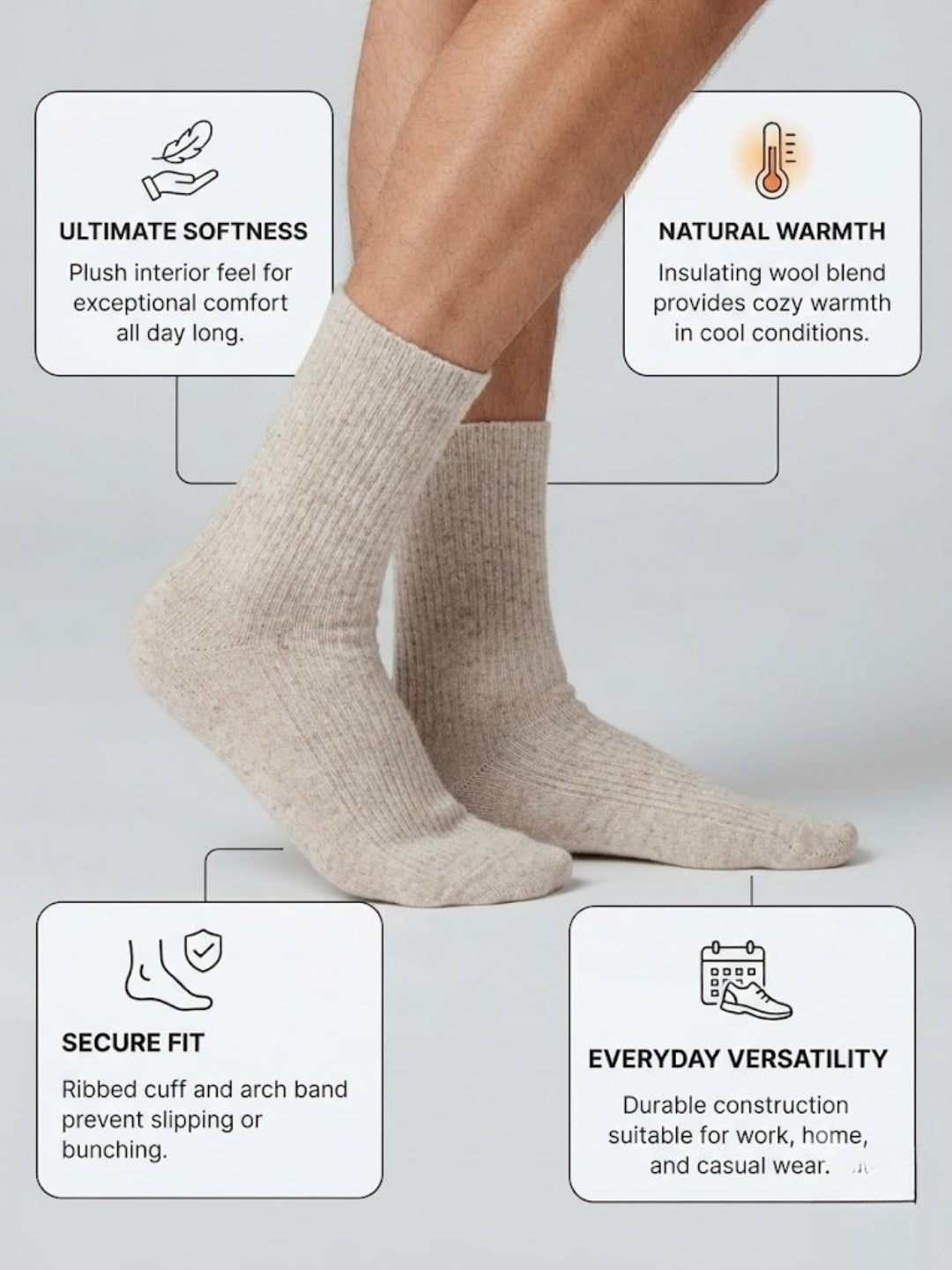 Cdeck Unisex Woolen Winter Socks for Men & Women – Pack of 2 Pairs | Soft Warm Cozy Socks  | Free Size | Black & Beige