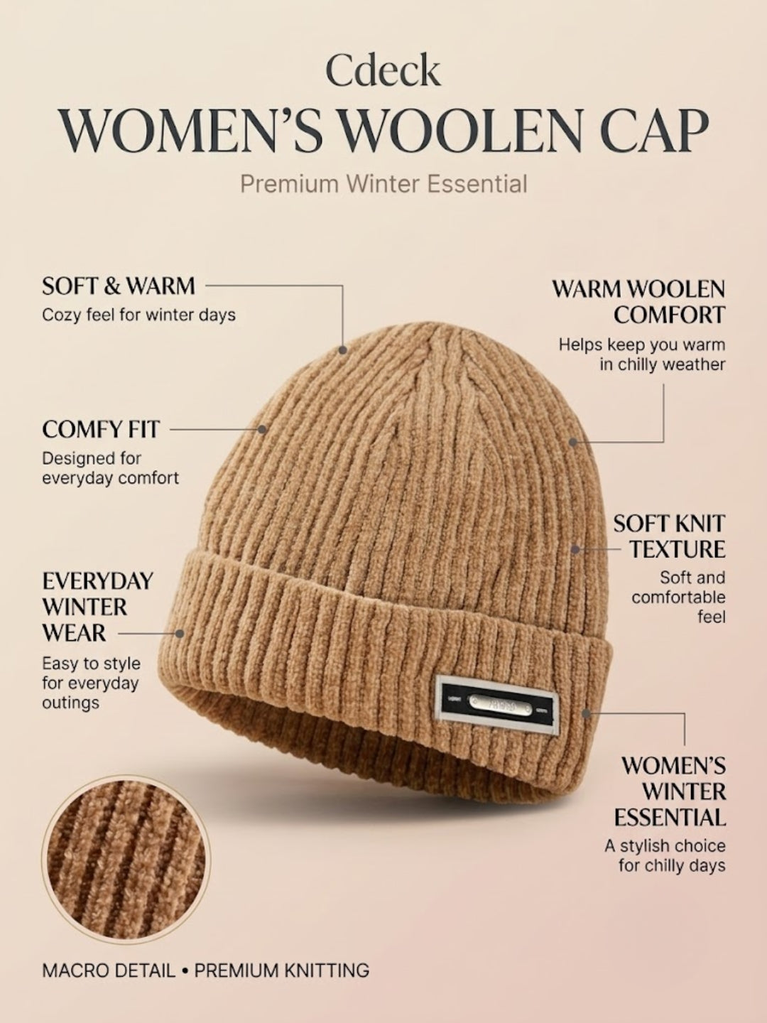 Cdeck Women Woolen Cap | Soft Knitted Winter Beanie for Women | Warm & Stylish Winter Wear | Free Size| Yellow