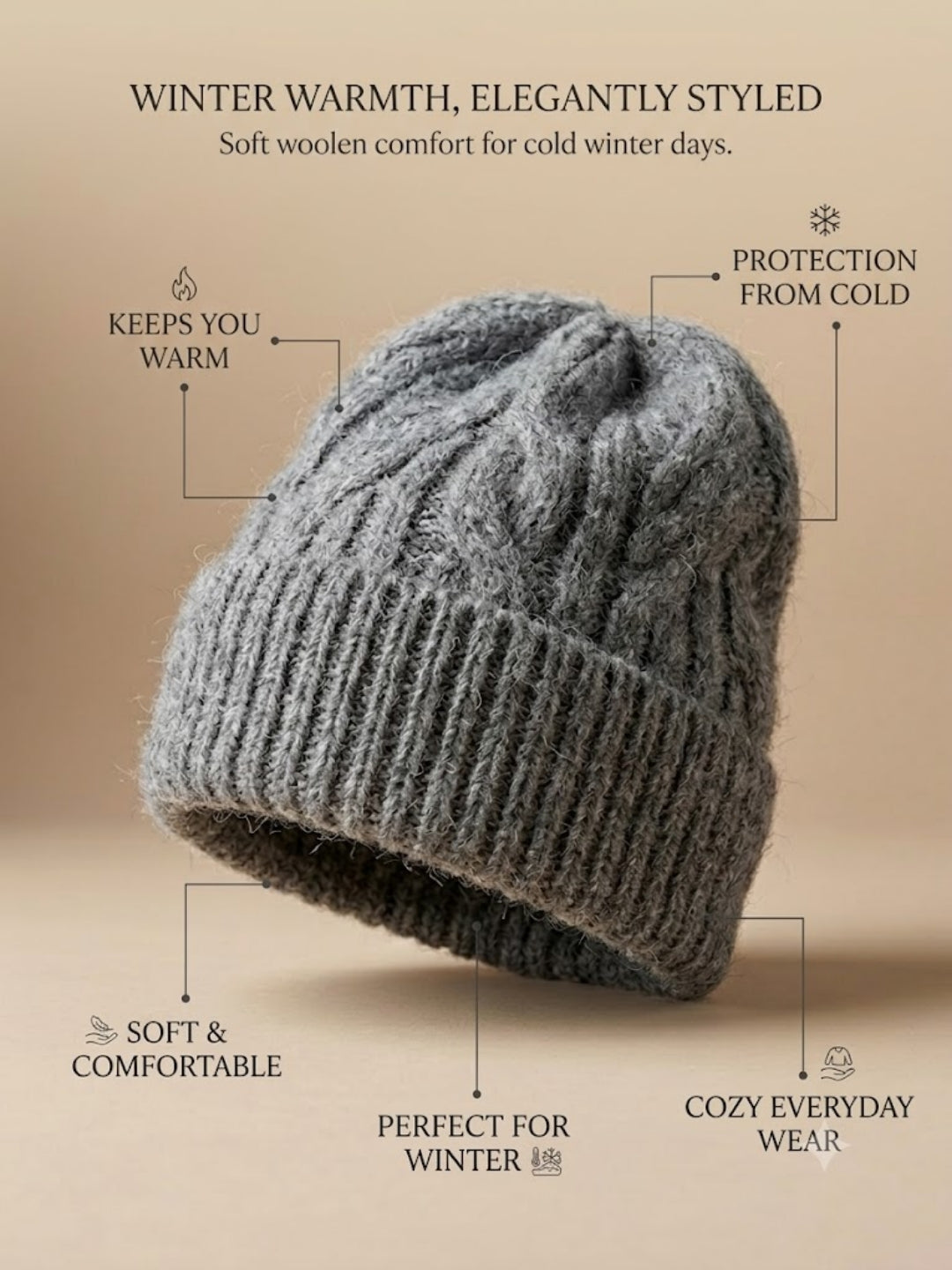 Cdeck Women Woolen Cap | Soft Knitted Winter Beanie for Women | Warm & Stylish Winter Wear | Free Size| Grey