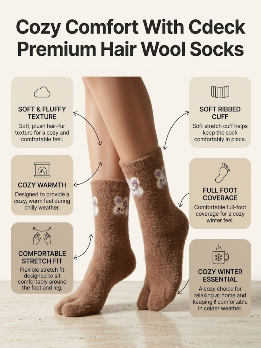 Cdeck Women’s Premium Fuzzy Split-Toe Socks – Cute Bunny Design, Warm Winter Socks | Free Size | Brown