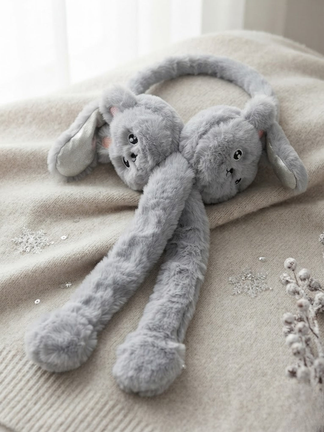 Cdeck Velvet Grey Bunny Earmuffs for Girls & Women, Soft Warm Winter Earmuffs with Long Hanging Ear Covers, Free Size
