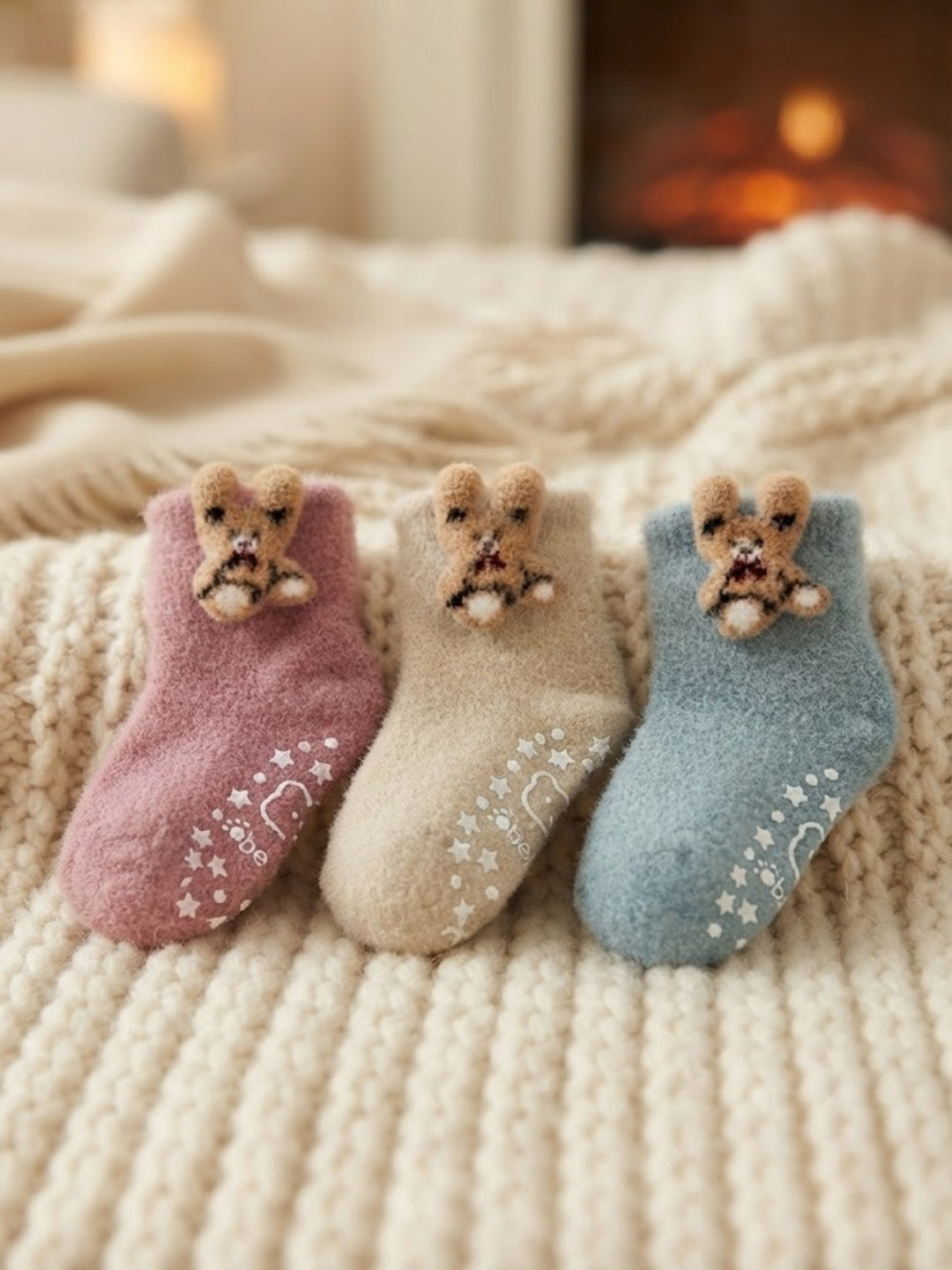 Cdeck Kids Winter Woolen Socks | Soft Fuzzy Rabbit Hair Wool Socks with Anti-Skid Sole | 0–4 Years | Pack of 3 | Multicolor