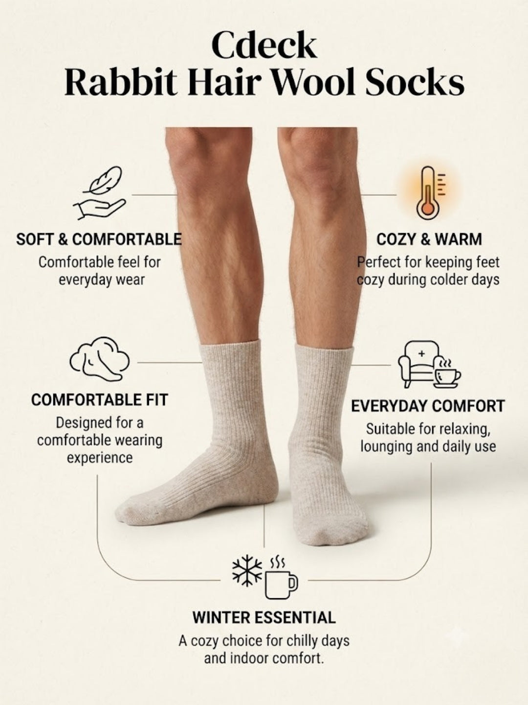 Cdeck Unisex Woolen Socks for Men & Women | Warm Cozy Winter Socks | Comfortable Cold Weather Daily Wear  | Beige