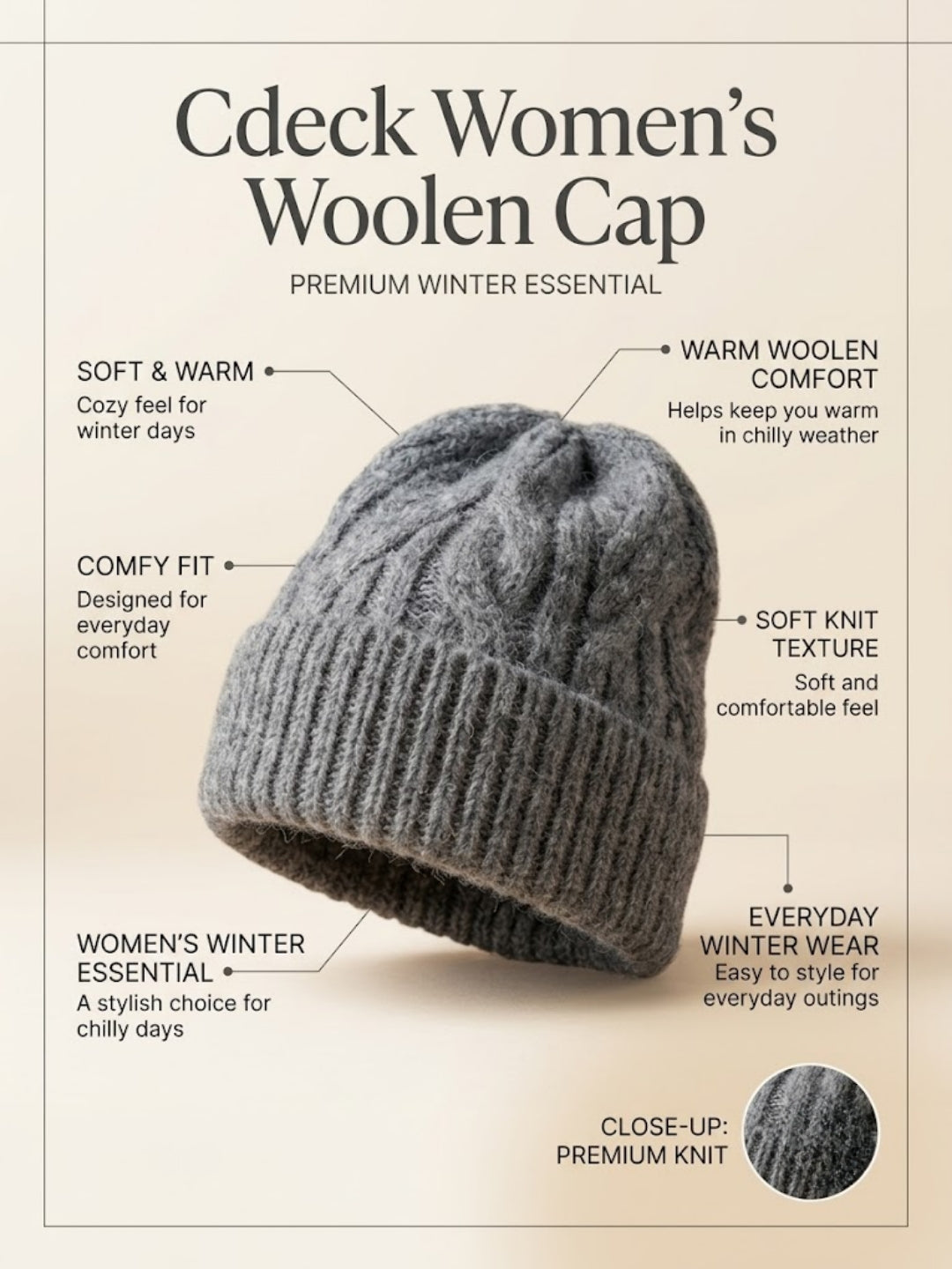Cdeck Women Woolen Cap | Soft Knitted Winter Beanie for Women | Warm & Stylish Winter Wear | Free Size| Grey