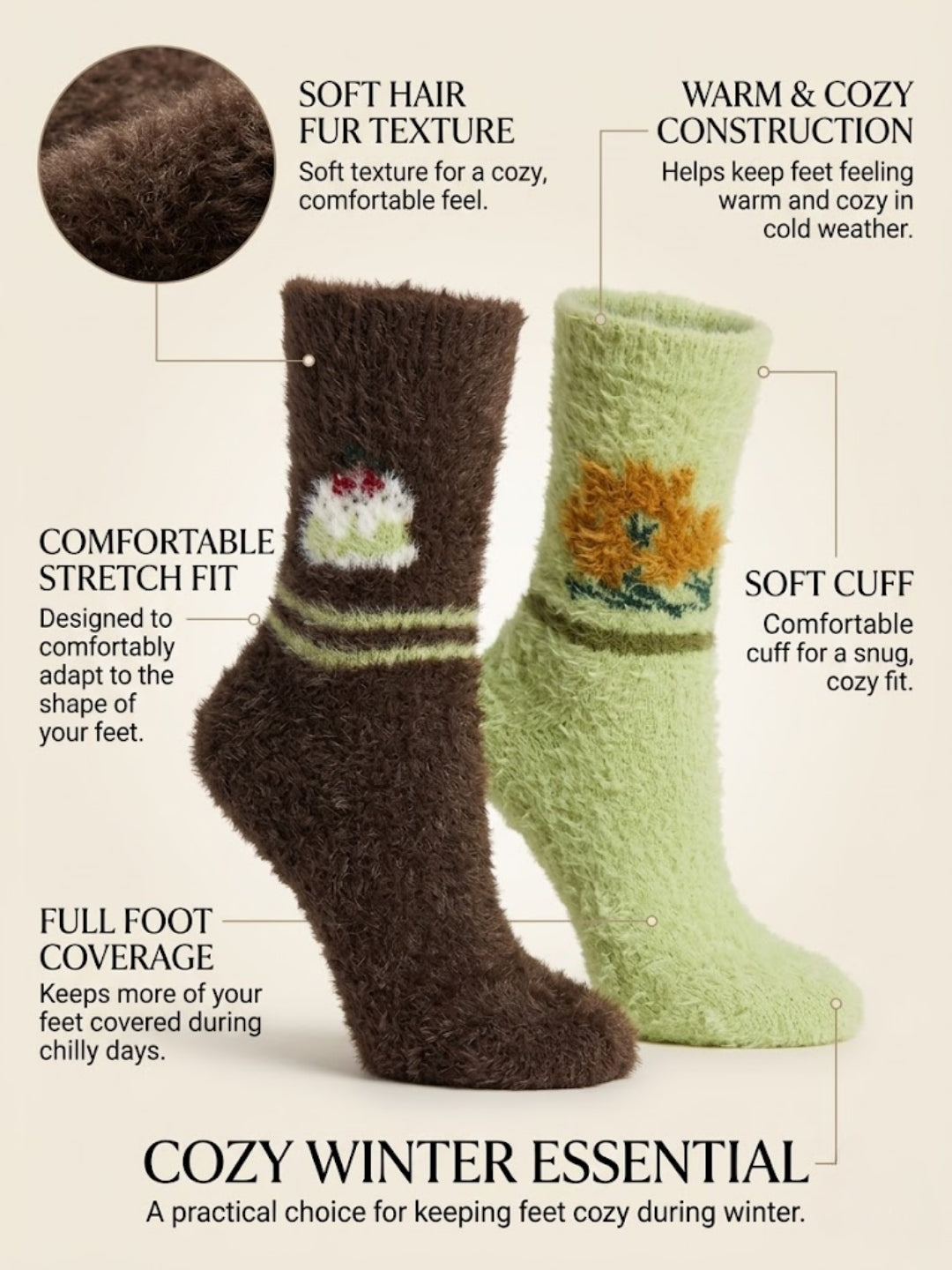 Cdeck Women’s Soft & Warm Fuzzy Winter Socks Combo | Free Size | Brown & Lime Green