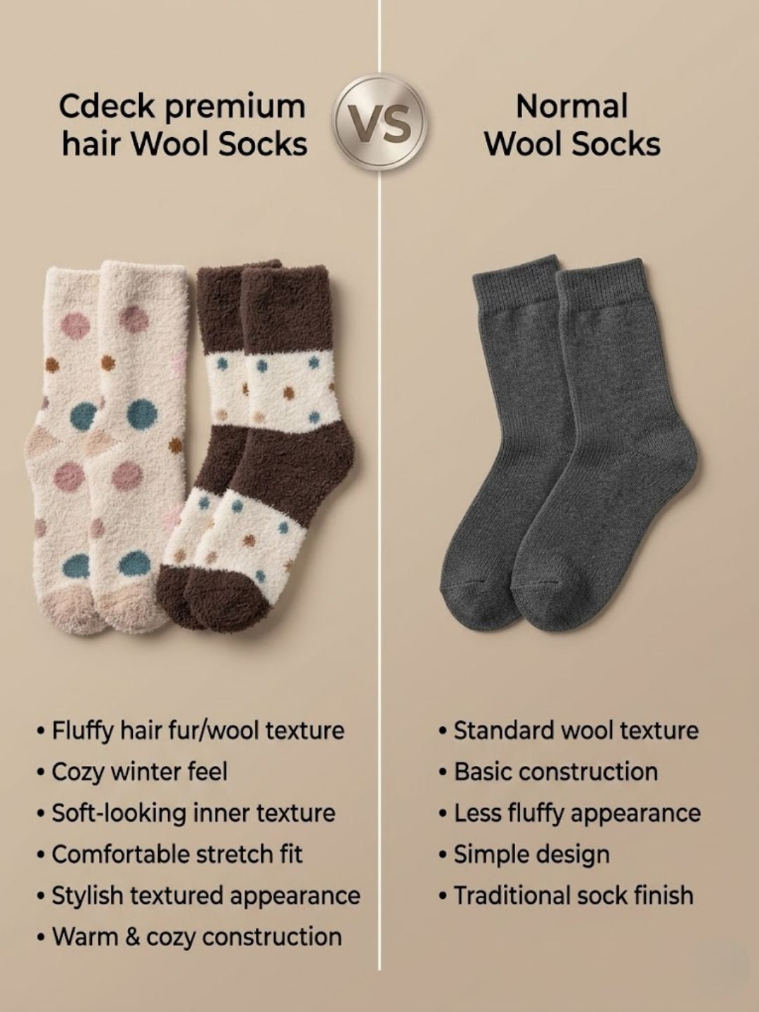 Cdeck Women’s Premium Hair Wool Fuzzy Socks Combo | Soft & Warm Thick Winter Socks | Cream & Brown