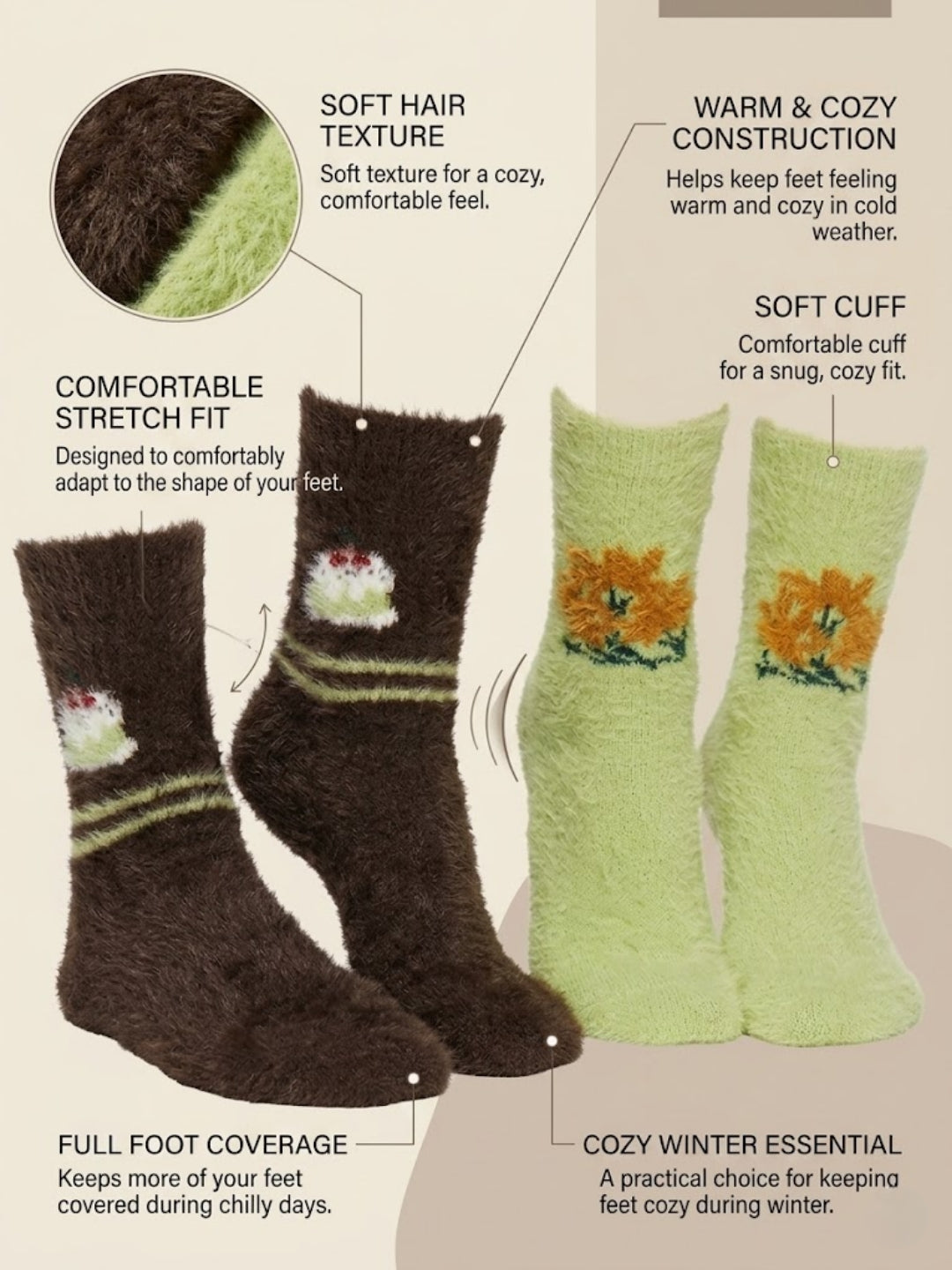 Cdeck Women’s Soft & Warm Fuzzy Winter Socks Combo | Free Size | Brown & Lime Green