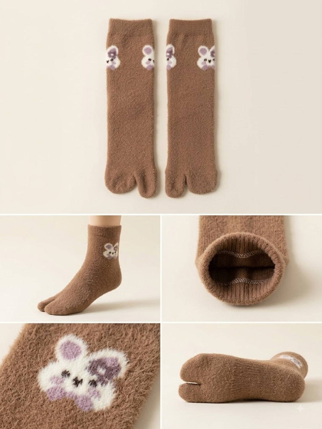 Cdeck Women’s Premium Fuzzy Split-Toe Socks – Cute Bunny Design, Warm Winter Socks | Free Size | Brown