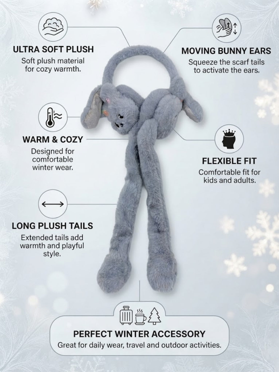 Cdeck Velvet Grey Bunny Earmuffs for Girls & Women, Soft Warm Winter Earmuffs with Long Hanging Ear Covers, Free Size