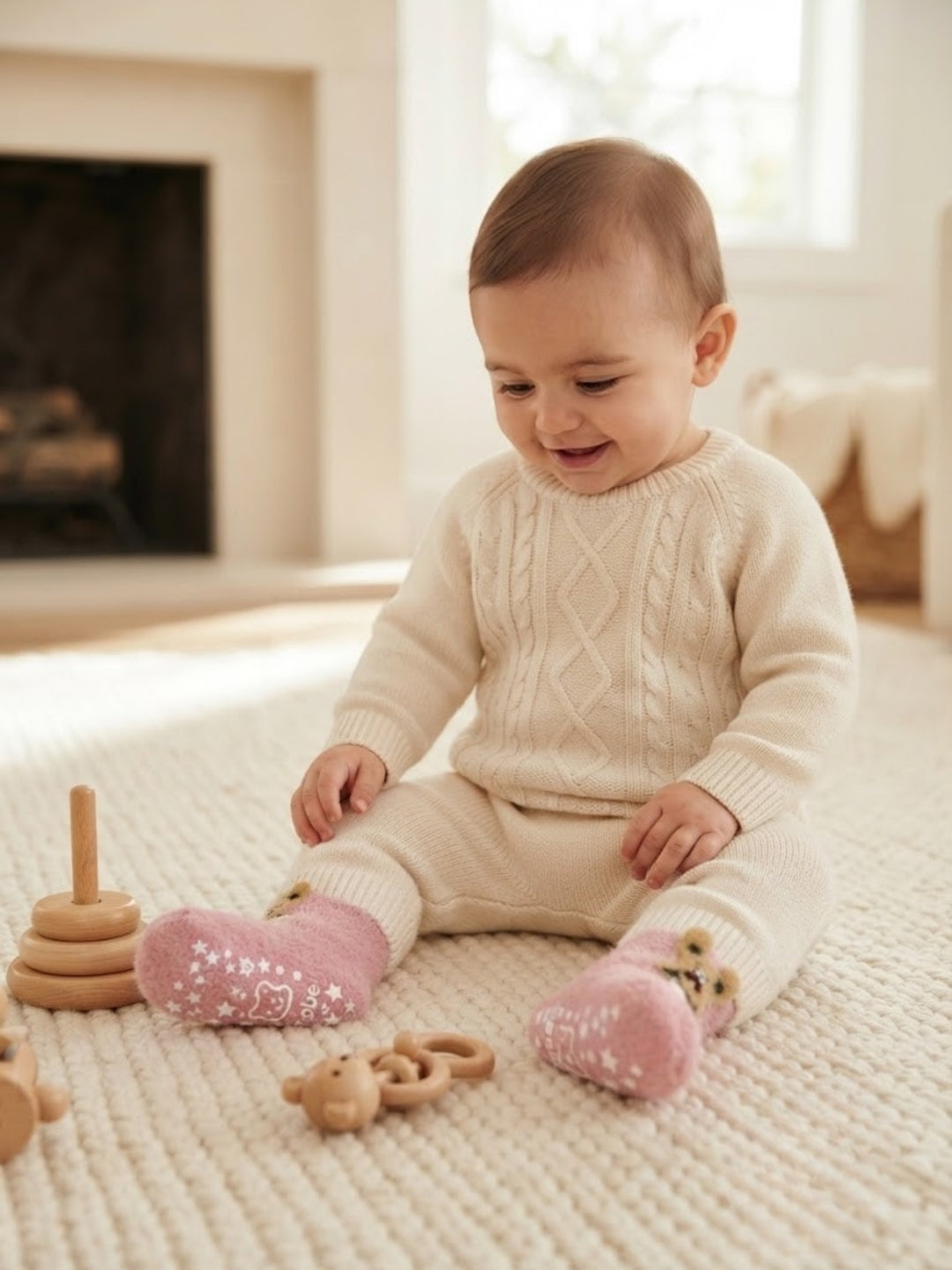 Cdeck Kids Winter Woolen Socks | Soft Fuzzy Rabbit Hair Wool Socks with Anti-Skid Sole | 0–4 Years | Pack of 3 | Multicolor
