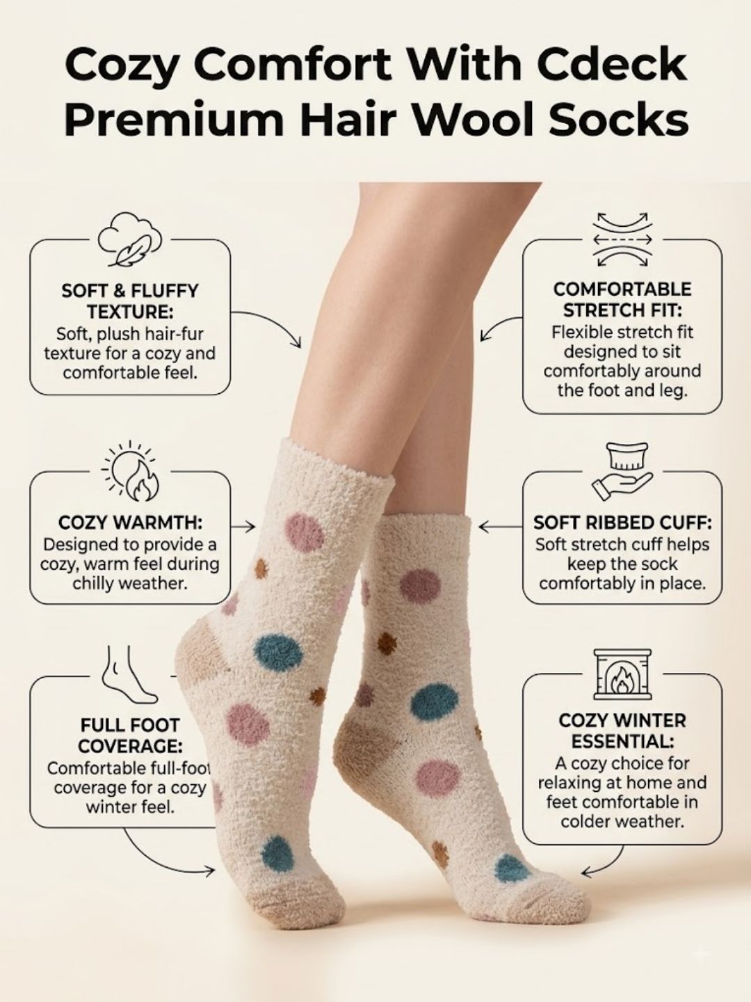 Cdeck Women’s Premium Hair Wool Fuzzy Socks Combo | Soft & Warm Thick Winter Socks | Cream & Brown